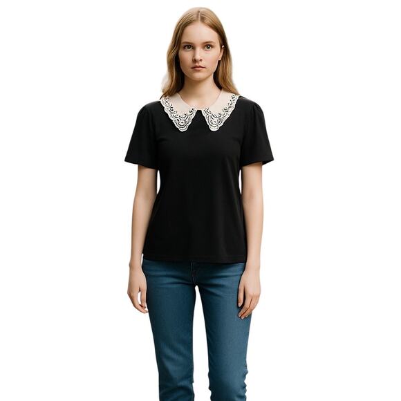 A.U.W. Tops - Dark‎ Academia Goth Whimsygoth Black Puff Sleeve Top Embroidered Collar S (2798)